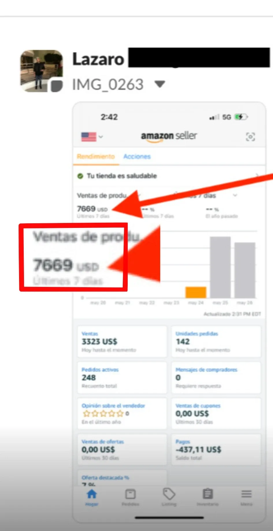 Resultado de alumno: 7.669 USD en 7 días en Amazon Seller